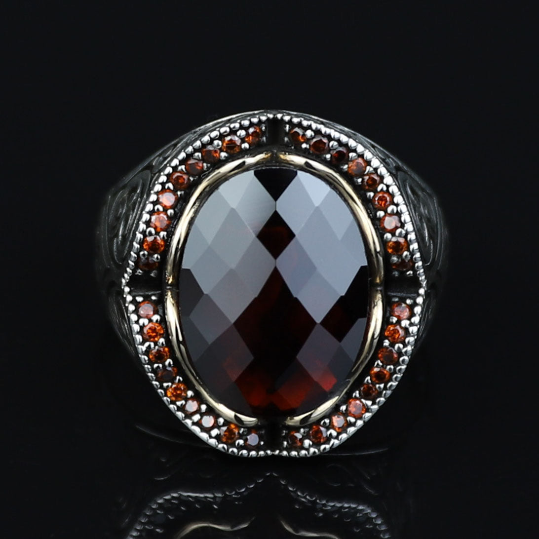 Men 925 Minimal Ruby Stone Ring, Oval Red Gemstone Men Ring, Garnet Gemstone Ring, Mens Turkish Handmade Ring, Sterling Silver, Men Gift