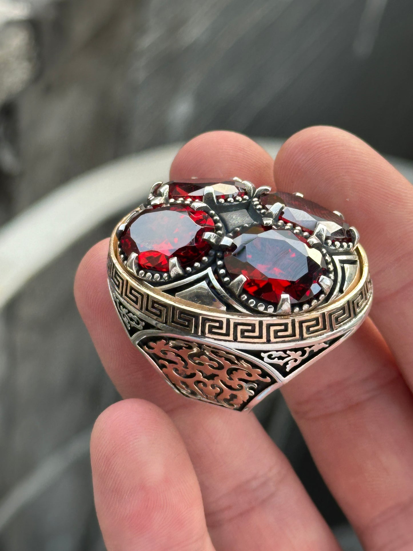 Men Silver Large Ruby Gemstone Ring Unique Greek Ottoman Ring