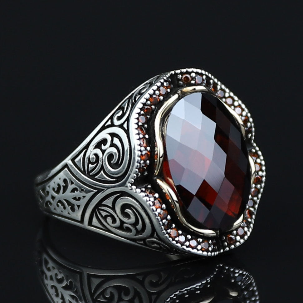 Men 925 Minimal Ruby Stone Ring, Oval Red Gemstone Men Ring, Garnet Gemstone Ring, Mens Turkish Handmade Ring, Sterling Silver, Men Gift
