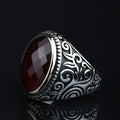 Men Handmade Oval Ruby Stone Ring , Engraved Turkish Red Stone Ring , Ottoman Style Handmade Ring , 925k Sterling Silver Ring , Gift For Him
