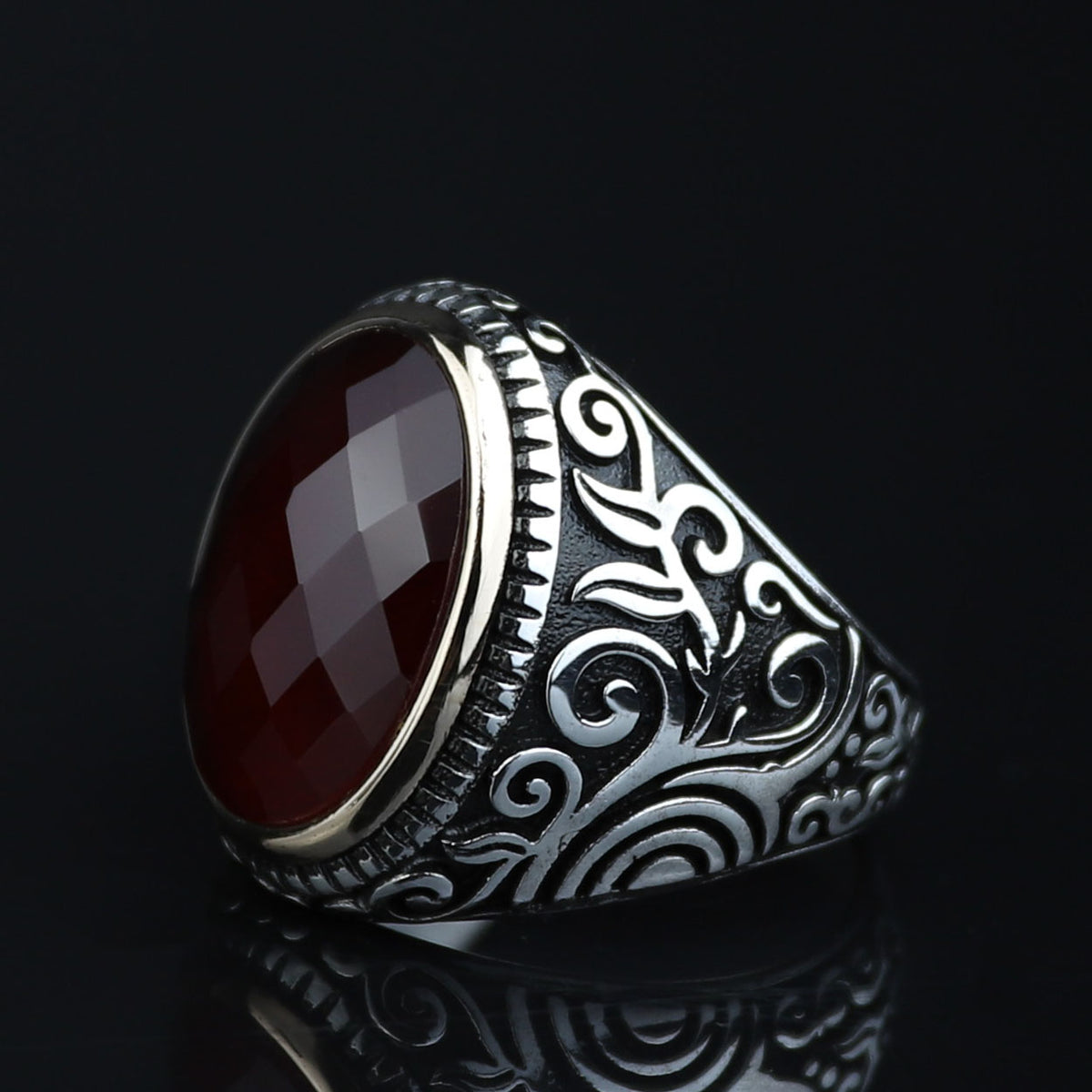 Men Handmade Oval Ruby Stone Ring , Engraved Turkish Red Stone Ring , Ottoman Style Handmade Ring , 925k Sterling Silver Ring , Gift For Him