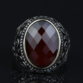 Men Handmade Oval Ruby Stone Ring , Engraved Turkish Red Stone Ring , Ottoman Style Handmade Ring , 925k Sterling Silver Ring , Gift For Him