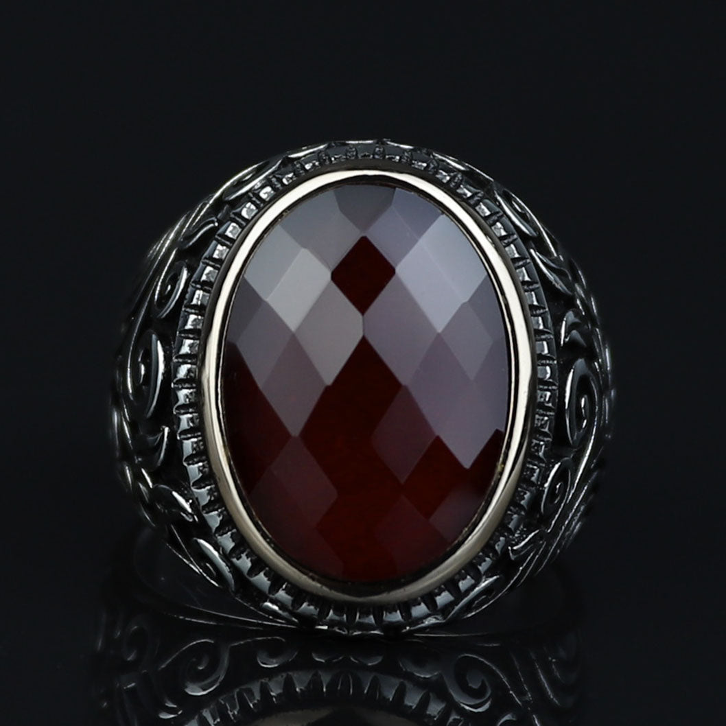 Men Handmade Oval Ruby Stone Ring , Engraved Turkish Red Stone Ring , Ottoman Style Handmade Ring , 925k Sterling Silver Ring , Gift For Him