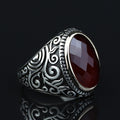 Men Handmade Oval Ruby Stone Ring , Engraved Turkish Red Stone Ring , Ottoman Style Handmade Ring , 925k Sterling Silver Ring , Gift For Him