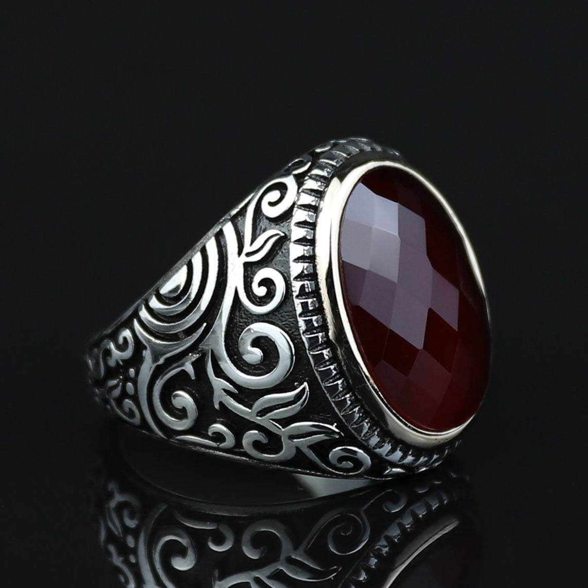 Men Handmade Oval Ruby Stone Ring , Engraved Turkish Red Stone Ring , Ottoman Style Handmade Ring , 925k Sterling Silver Ring , Gift For Him