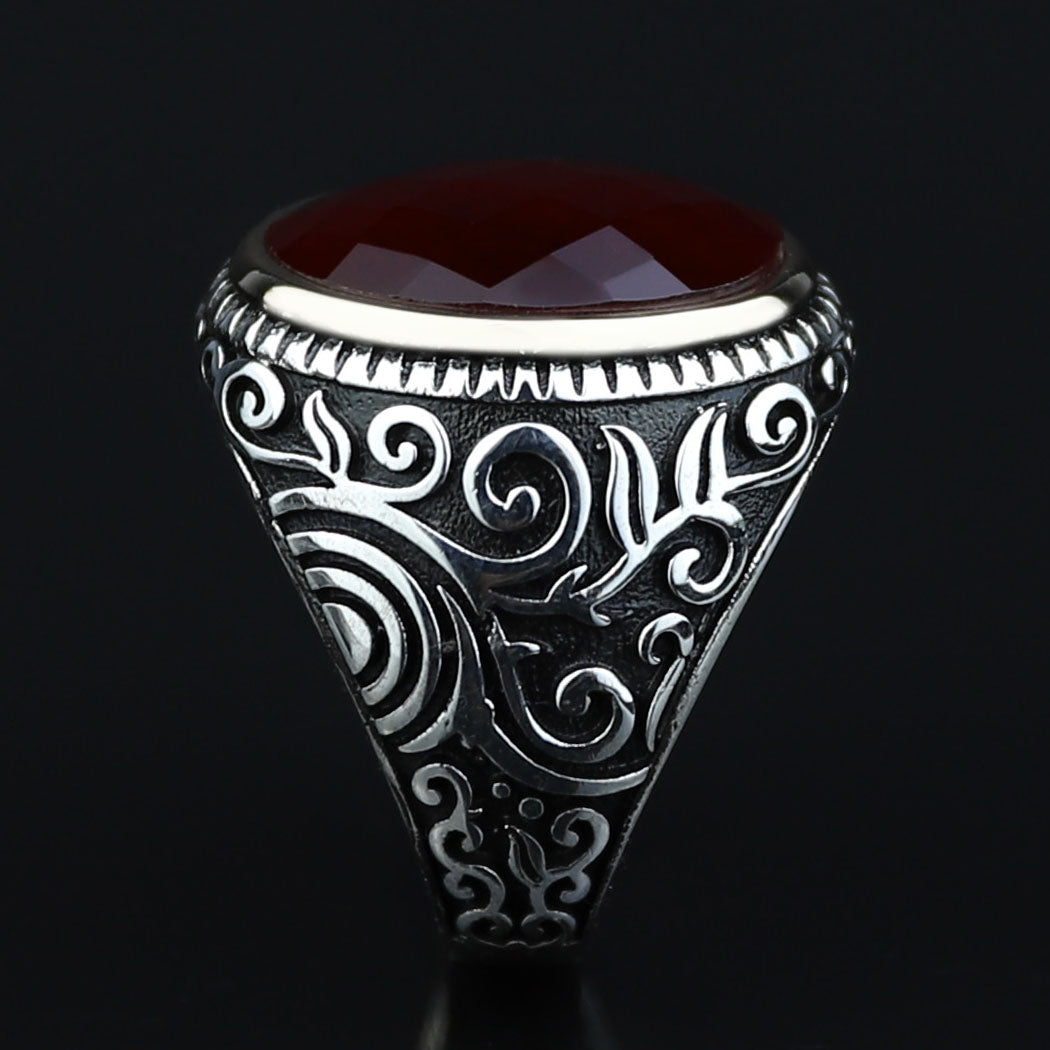 Men Handmade Oval Ruby Stone Ring , Engraved Turkish Red Stone Ring , Ottoman Style Handmade Ring , 925k Sterling Silver Ring , Gift For Him