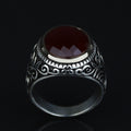 Men Handmade Oval Ruby Stone Ring , Engraved Turkish Red Stone Ring , Ottoman Style Handmade Ring , 925k Sterling Silver Ring , Gift For Him