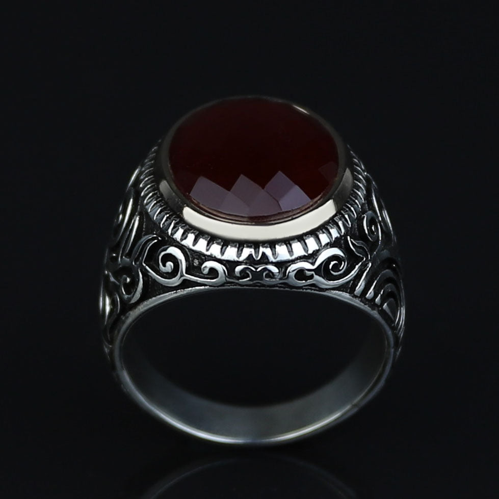 Men Handmade Oval Ruby Stone Ring , Engraved Turkish Red Stone Ring , Ottoman Style Handmade Ring , 925k Sterling Silver Ring , Gift For Him