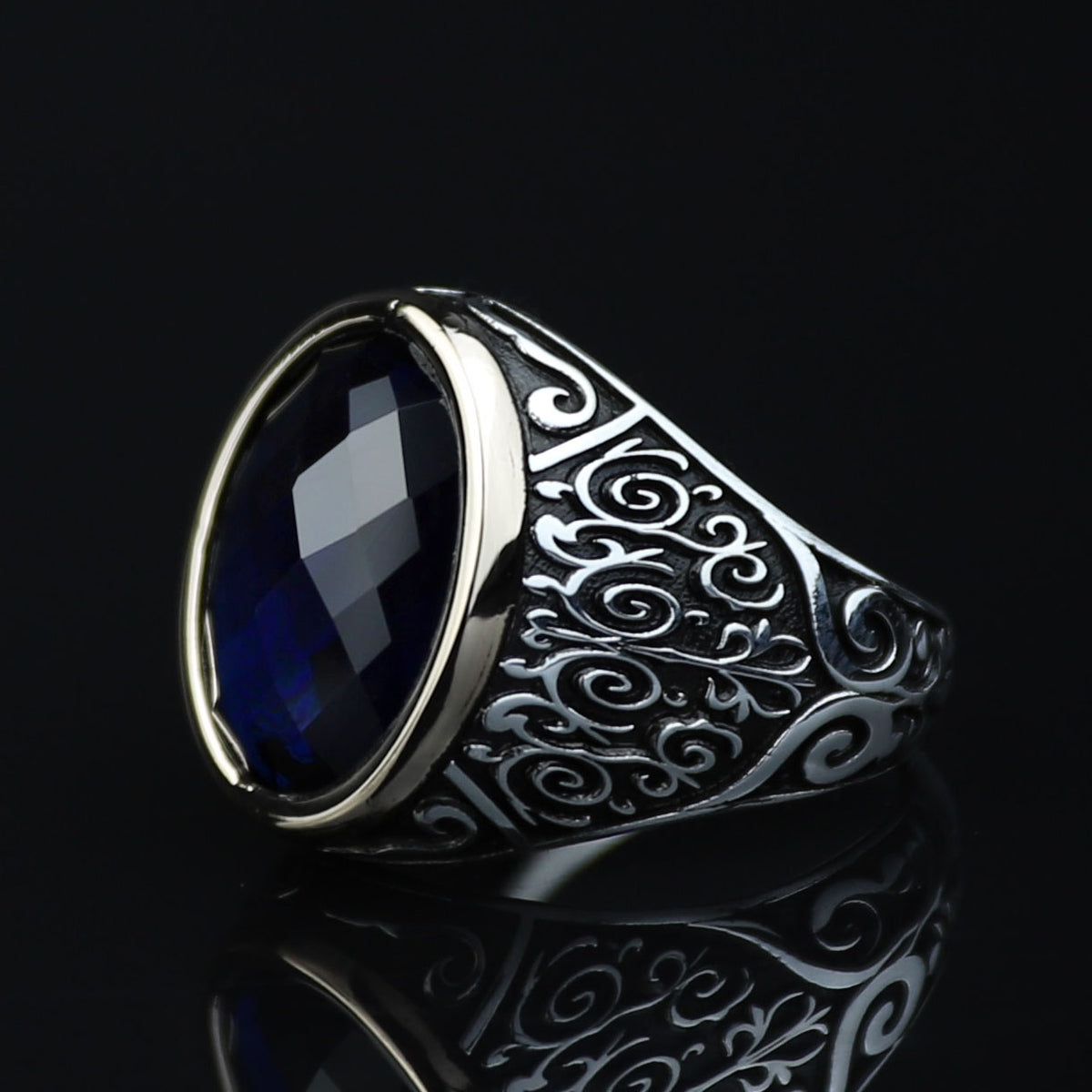 925 Silver Oval Sapphire Ring, Vintage Unisex Sapphire Signet Ring, Engraved Sapphire Ring, Unique Men Gift, Silver Stacking Ring, Men Gift