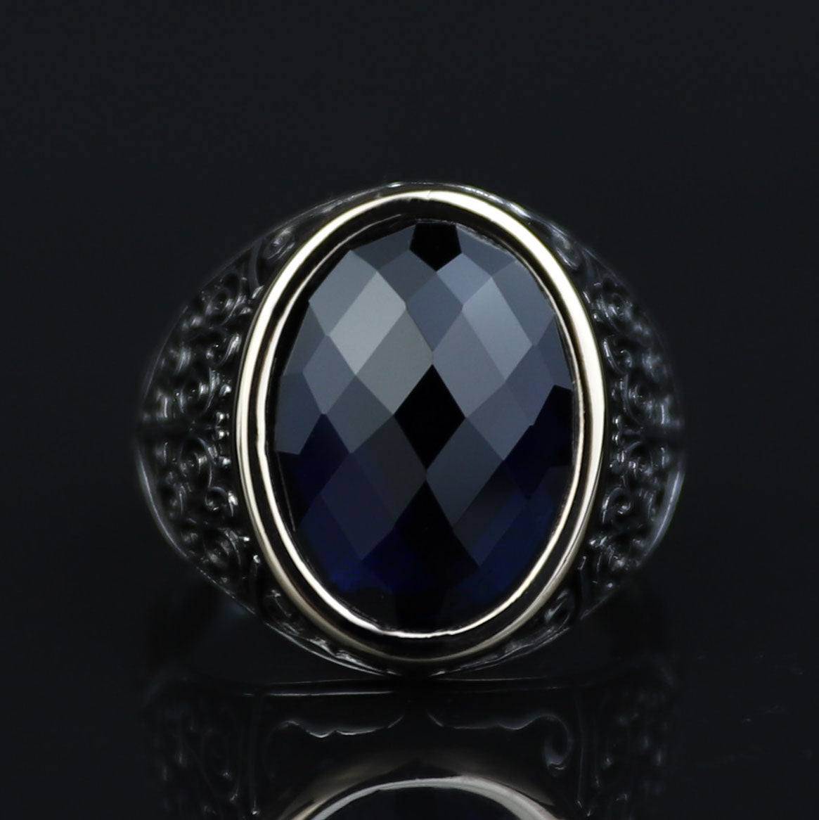 925 Silver Oval Sapphire Ring, Vintage Unisex Sapphire Signet Ring, Engraved Sapphire Ring, Unique Men Gift, Silver Stacking Ring, Men Gift