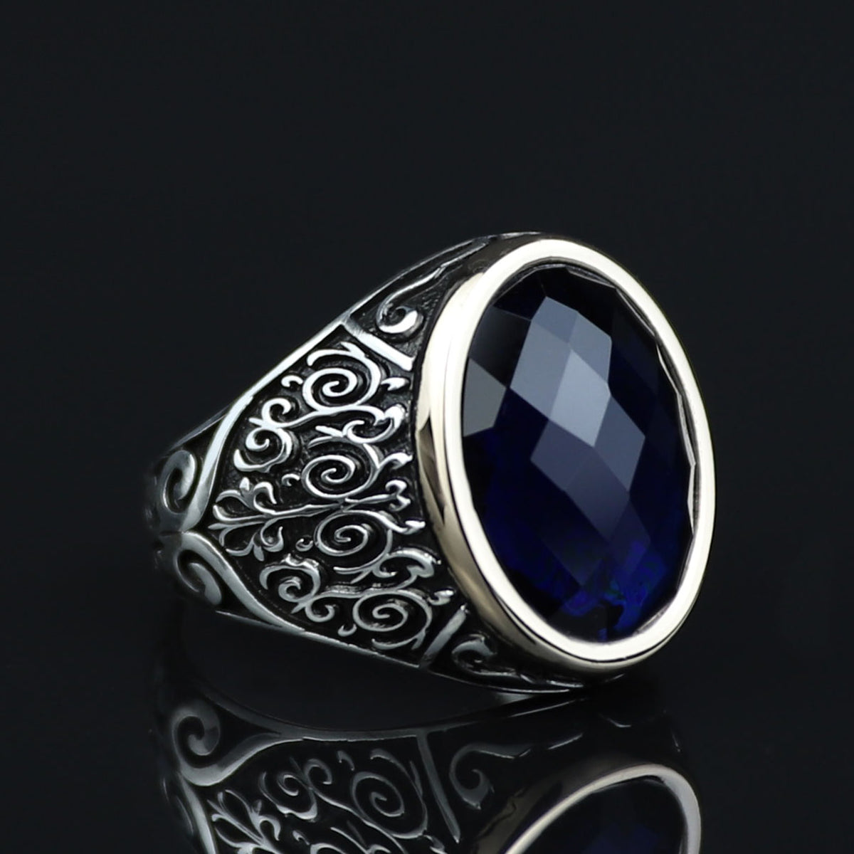 925 Silver Oval Sapphire Ring, Vintage Unisex Sapphire Signet Ring, Engraved Sapphire Ring, Unique Men Gift, Silver Stacking Ring, Men Gift