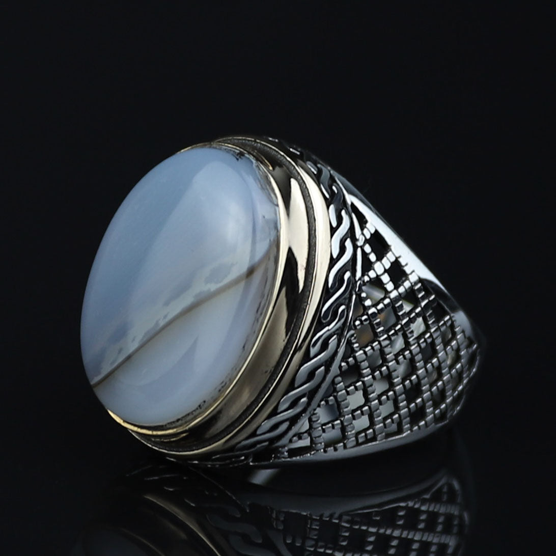925 Silver Natural Yemen Agate Stone Ring, Natural Agate Men Ring, Turkish Handmade Silver Ring, 925k Sterling Silver Ring, Gift For Hi