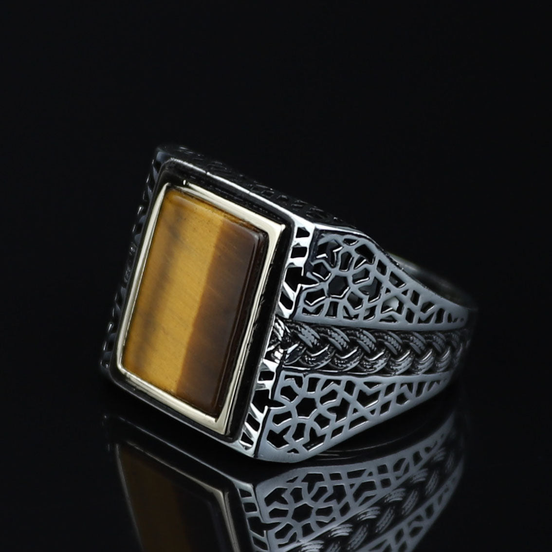 Men Square Tiger Eye Ring , Turkish Handmade Ring, Ottoman Mens Ring, Turkish Signet Gemstone Ring, 925k Sterling Silver Ring, Gift For Him