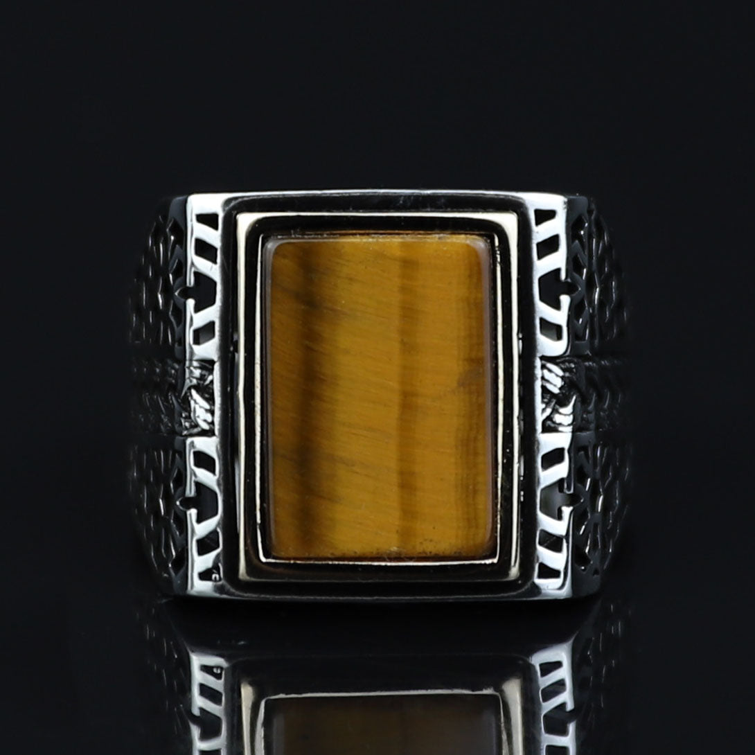 Men Square Tiger Eye Ring , Turkish Handmade Ring, Ottoman Mens Ring, Turkish Signet Gemstone Ring, 925k Sterling Silver Ring, Gift For Him