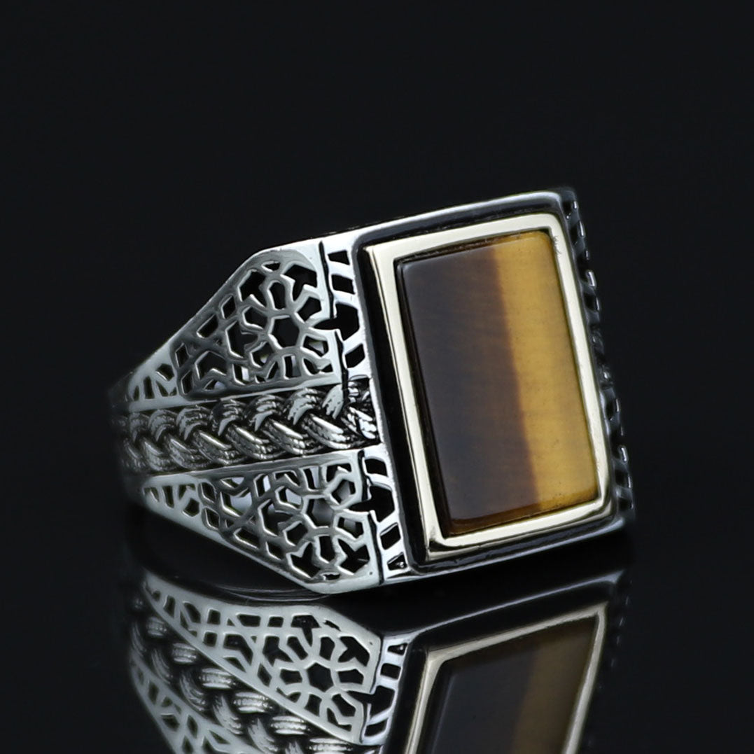 Men Square Tiger Eye Ring , Turkish Handmade Ring, Ottoman Mens Ring, Turkish Signet Gemstone Ring, 925k Sterling Silver Ring, Gift For Him