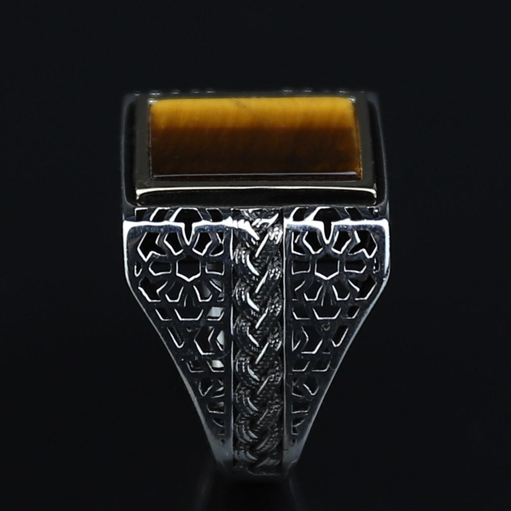 Men Square Tiger Eye Ring , Turkish Handmade Ring, Ottoman Mens Ring, Turkish Signet Gemstone Ring, 925k Sterling Silver Ring, Gift For Him