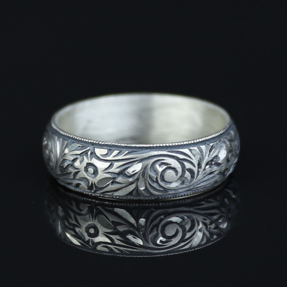 Floral Engraved Wedding Band Ring, Unisex Handmade Wedding Band, Men Hand- Engraved Band, Promise Band, Promise Ring, 925k Sterling Silver