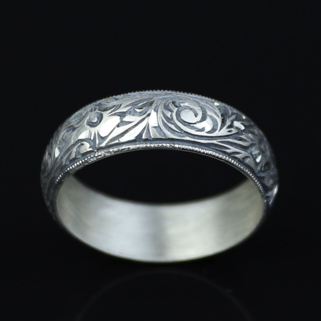 Floral Engraved Wedding Band Ring, Unisex Handmade Wedding Band, Men Hand- Engraved Band, Promise Band, Promise Ring, 925k Sterling Silver