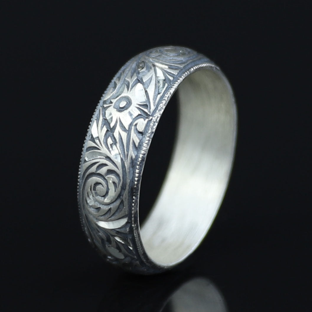 Floral Engraved Wedding Band Ring, Unisex Handmade Wedding Band, Men Hand- Engraved Band, Promise Band, Promise Ring, 925k Sterling Silver