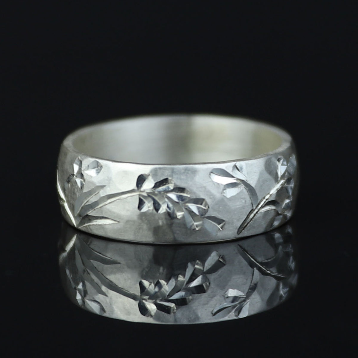 925 Silver Floral Engraved Ring, Nature Inspired Engraved Silver Ring, Handmade Turkish Jewelry, Vintage Hammered Band Ring, Wide Band Ring