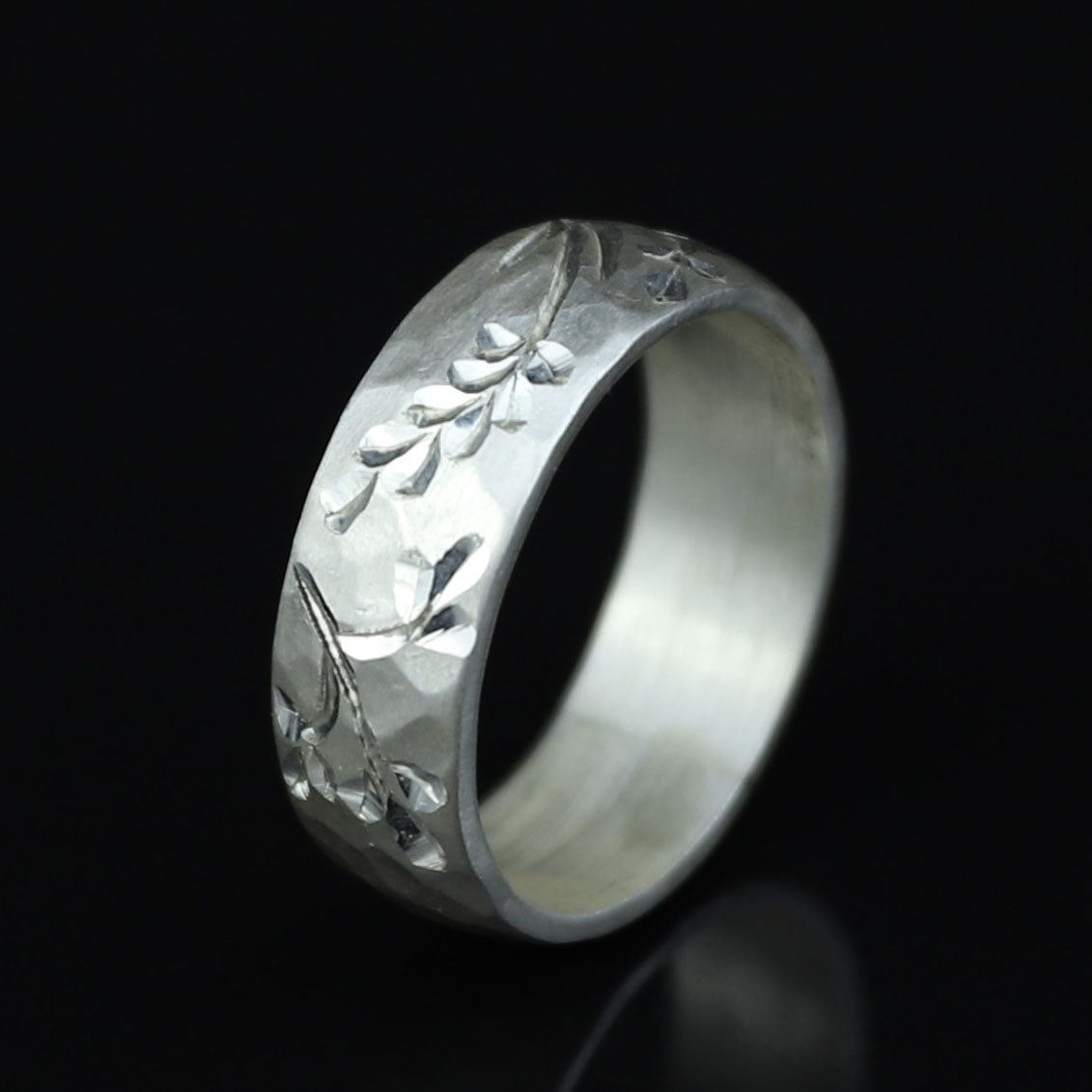 925 Silver Floral Engraved Ring, Nature Inspired Engraved Silver Ring, Handmade Turkish Jewelry, Vintage Hammered Band Ring, Wide Band Ring