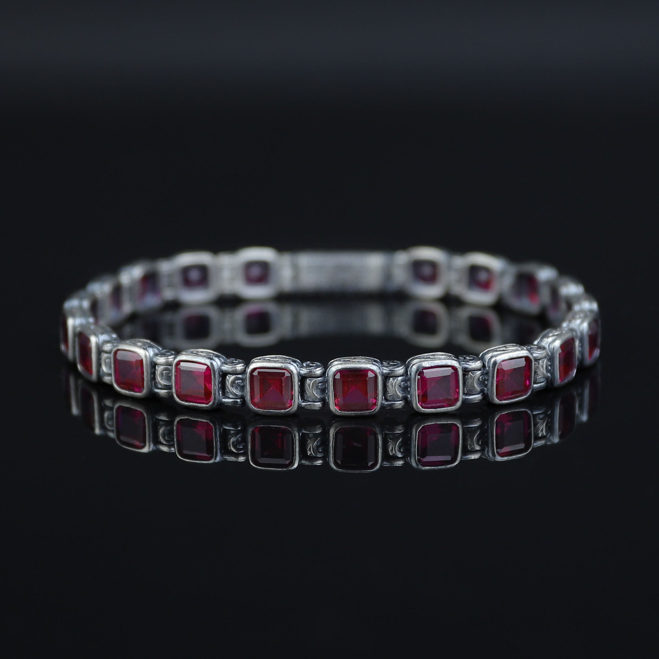 Men Silver Ruby Tennis Bracelet, Engraved Silver Red Stone Chain Bracelet, Mens Link Chain Bracelet, Silver Vintage Bracelet, 925 Silver