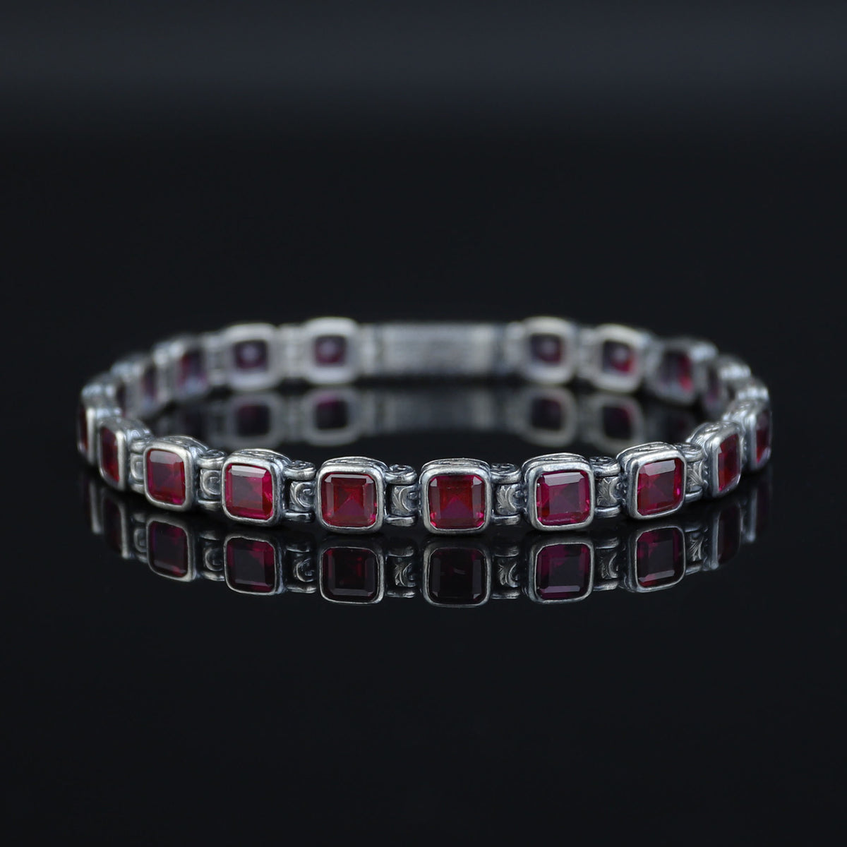 Men Silver Ruby Tennis Bracelet, Engraved Silver Red Stone Chain Bracelet, Mens Link Chain Bracelet, Silver Vintage Bracelet, 925 Silver