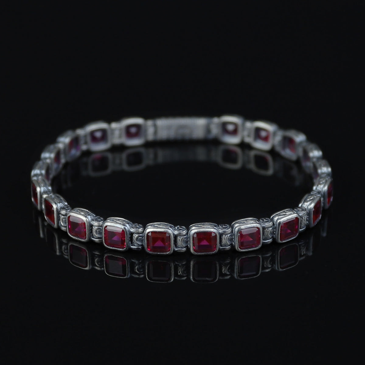 Men Silver Ruby Tennis Bracelet, Engraved Silver Red Stone Chain Bracelet, Mens Link Chain Bracelet, Silver Vintage Bracelet, 925 Silver