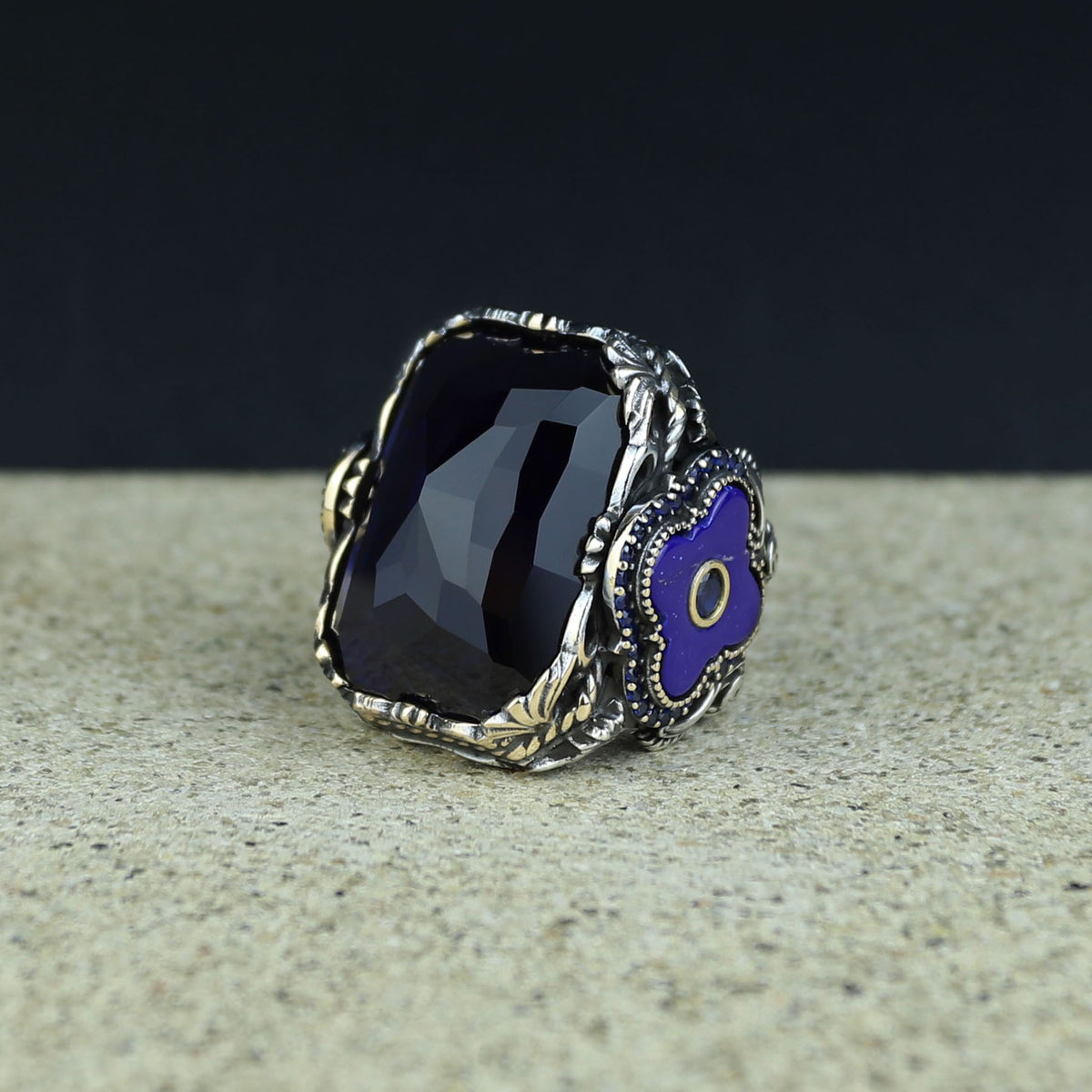 Men Handmade Square Large Sapphire Gemstone Ottoman Ring