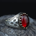 925 Silver Handmade Ruby Stone Ring, Engraved Vintage Ruby Ring, Oval Red Stone Ring, Ottoman Style Handmade Ring