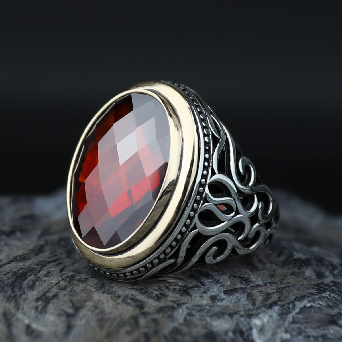 Silver Silver Ruby Stone Ring, Oval Garnet Gemstone Men Ring, Ottoman Style Ring, Mens Turkish Handmade Ring, 925 Sterling Silver, Men Gift