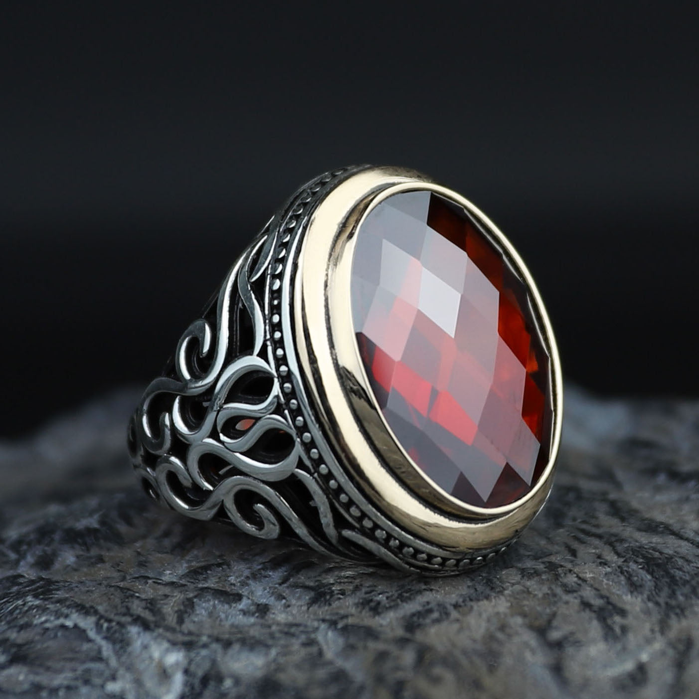 Silver Silver Ruby Stone Ring, Oval Garnet Gemstone Men Ring, Ottoman Style Ring, Mens Turkish Handmade Ring, 925 Sterling Silver, Men Gift