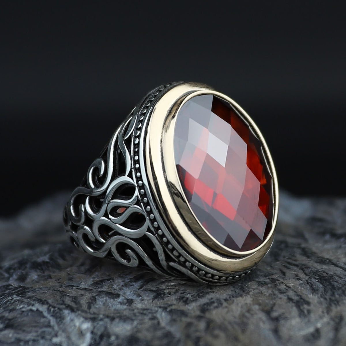 Silver Silver Ruby Stone Ring, Oval Garnet Gemstone Men Ring, Ottoman Style Ring, Mens Turkish Handmade Ring, 925 Sterling Silver, Men Gift