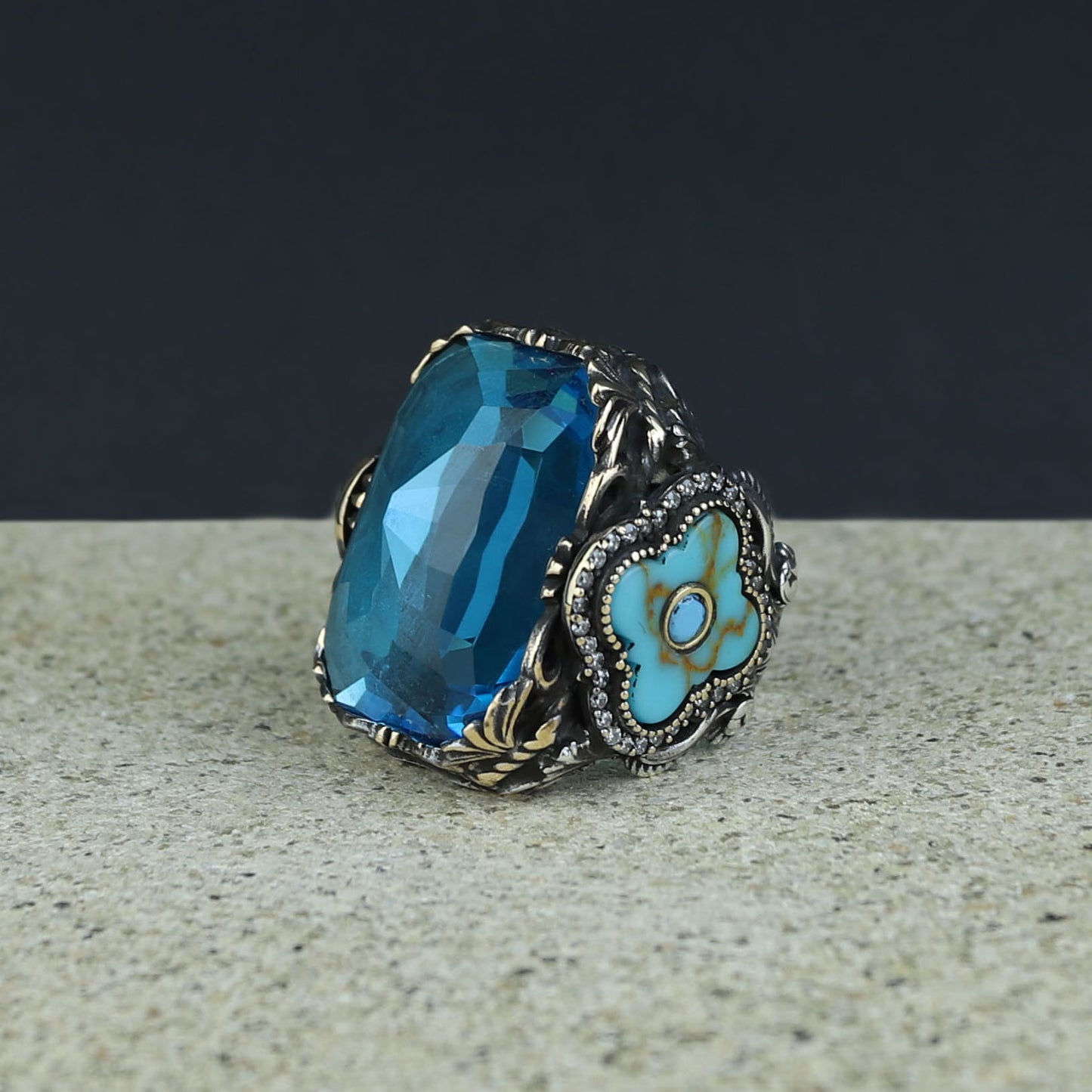 Men Handmade Large Square Aquamarine Gemstone Ring