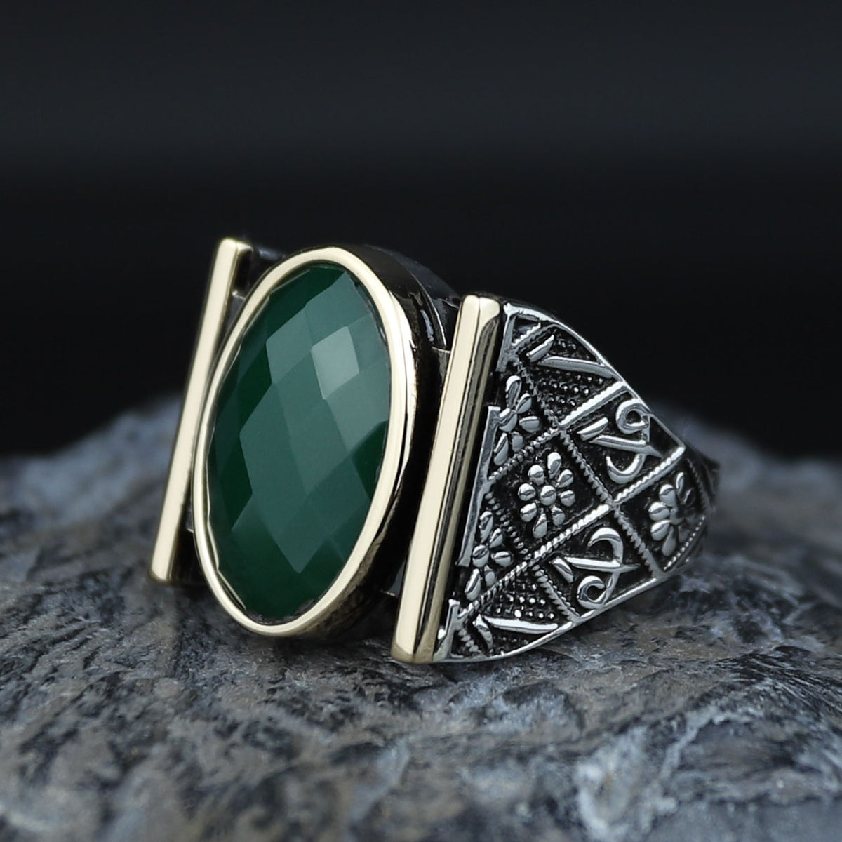 Emerald Gemstone Islamic Silver Men Rings , Handmade Muslim Men Ring, Green Zircon Men Ring, Father Day Gift, Husband Gift, 925k Silver
