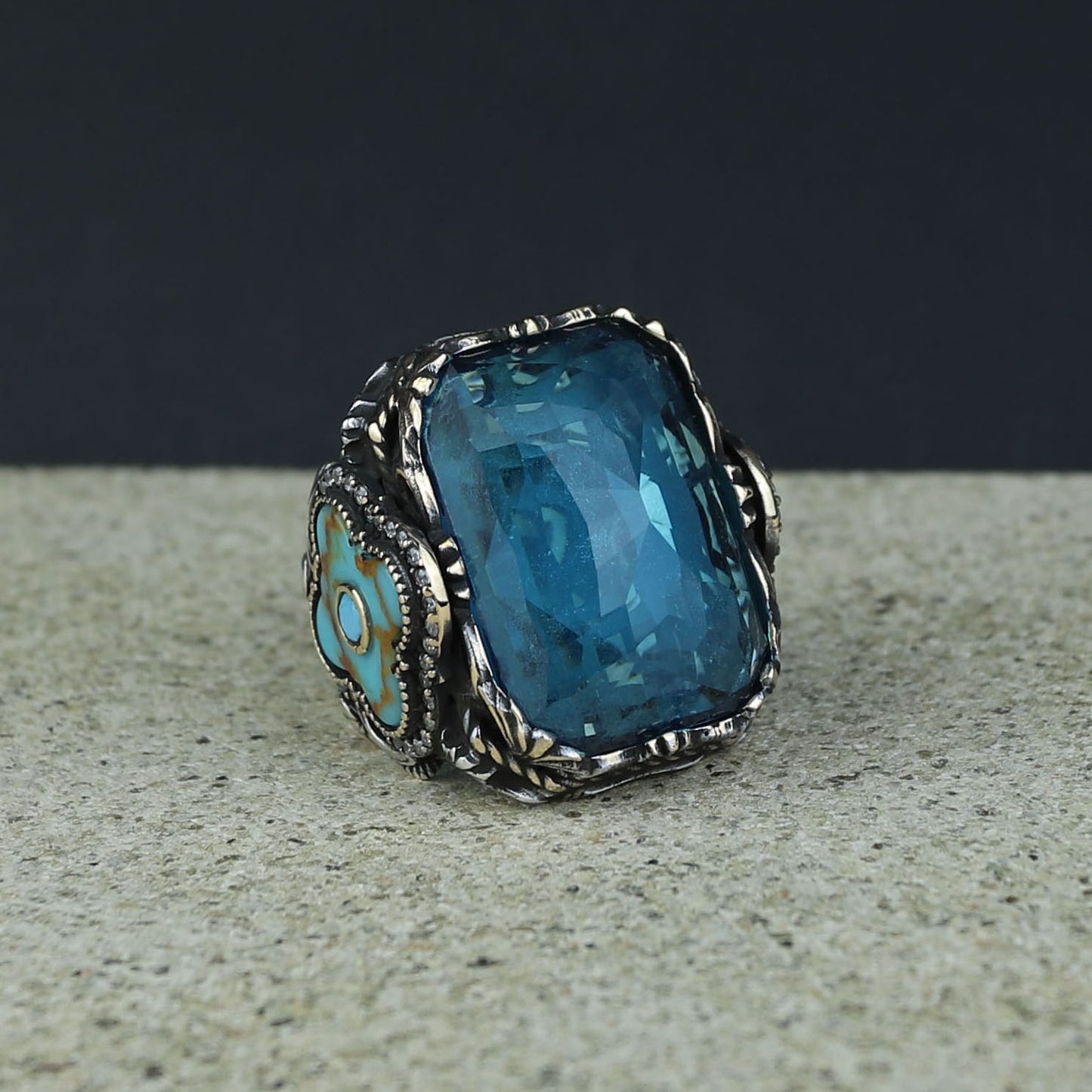 Men Handmade Large Square Aquamarine Gemstone Ring