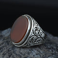 Men Handmade Engraved Agate Ring, Oval Red Agate Gemstone Ring, Turkish Handmade Red Aqeeq Ring, 925k Sterling Silver Ring