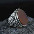 Men Handmade Engraved Agate Ring, Oval Red Agate Gemstone Ring, Turkish Handmade Red Aqeeq Ring, 925k Sterling Silver Ring