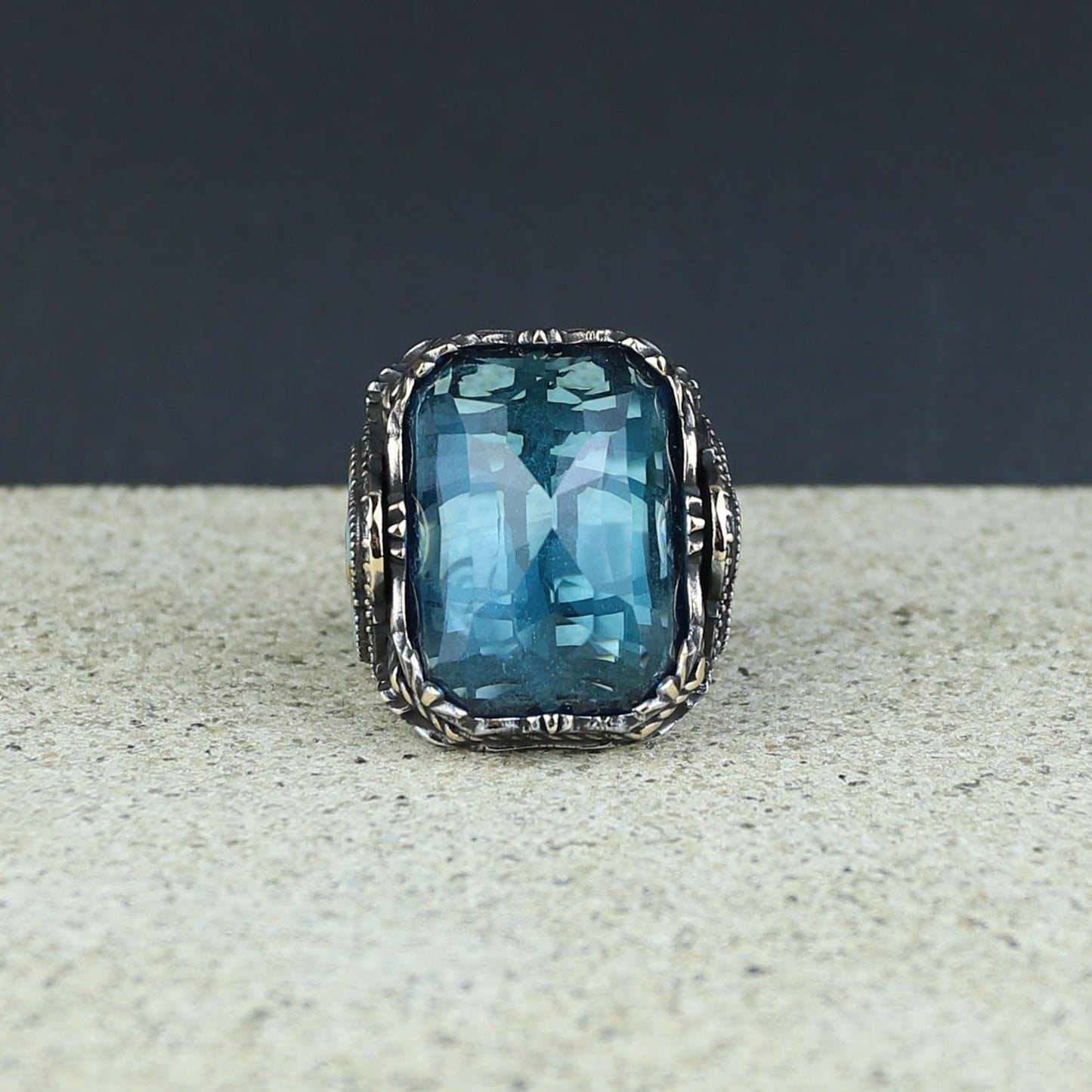 Men Handmade Large Square Aquamarine Gemstone Ring