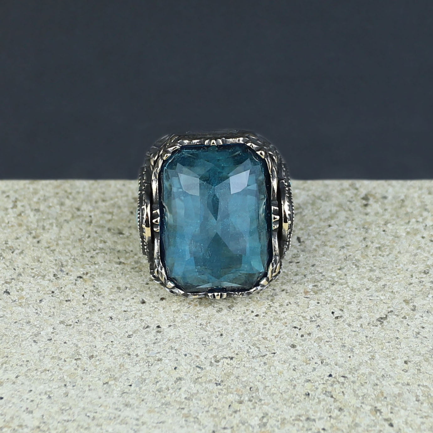 Men Handmade Large Square Aquamarine Gemstone Ring