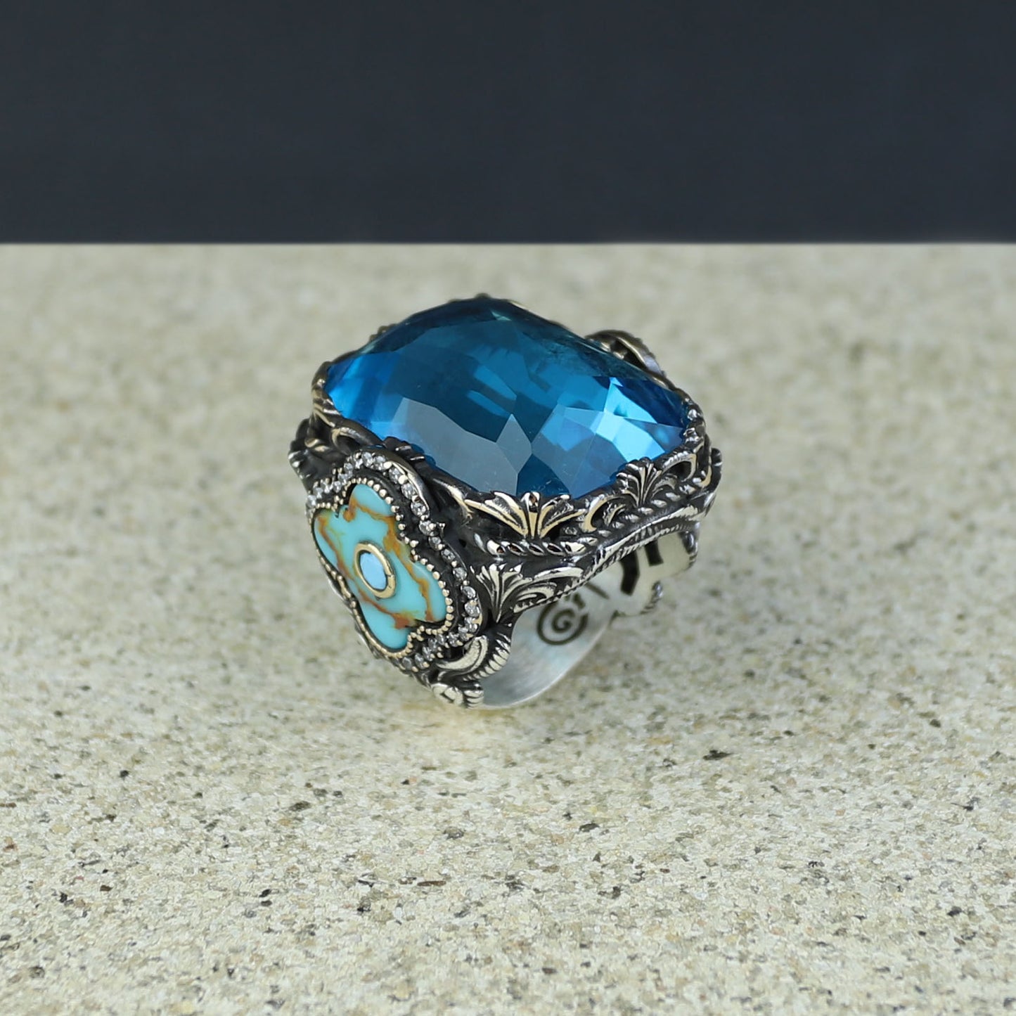 Men Handmade Large Square Aquamarine Gemstone Ring