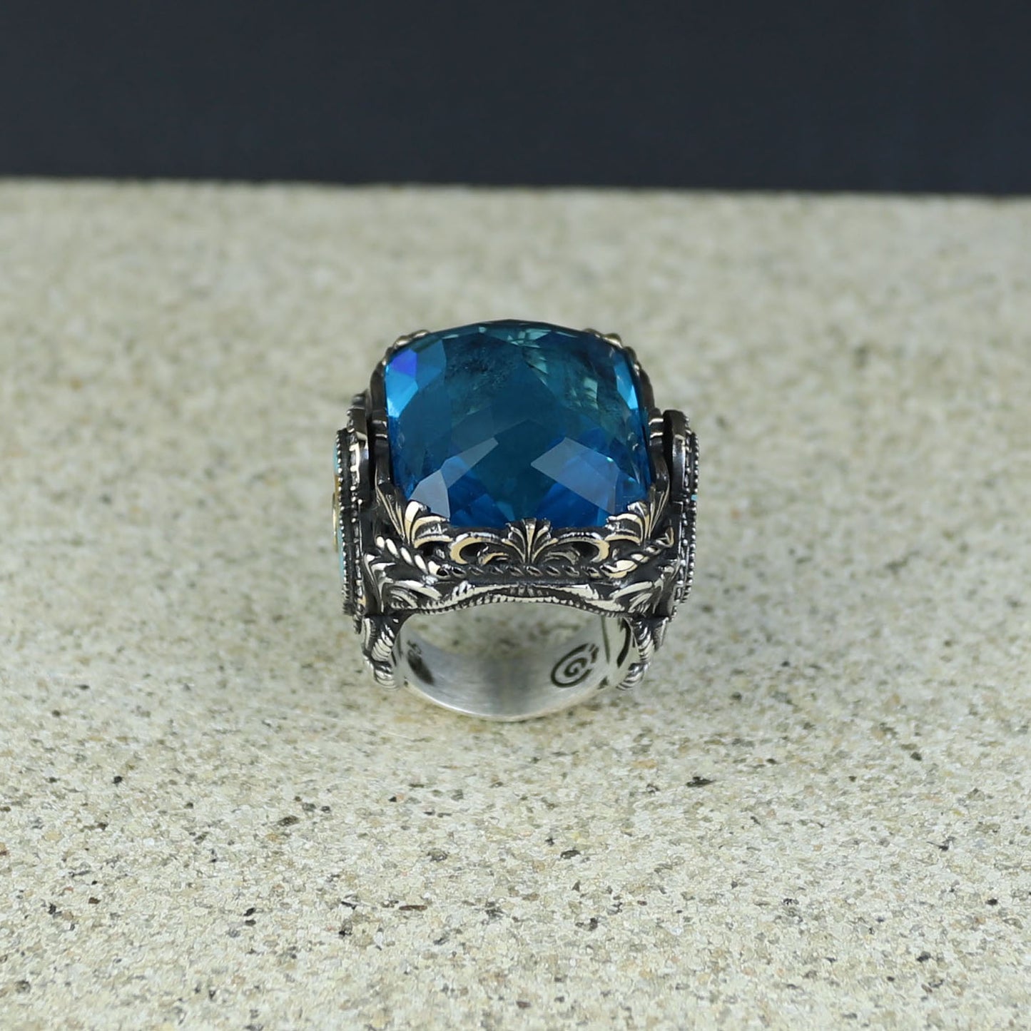 Men Handmade Large Square Aquamarine Gemstone Ring
