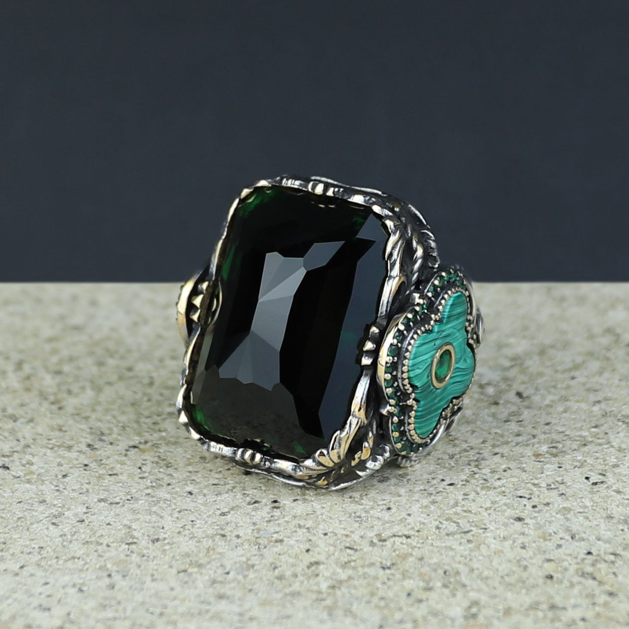 Men Handmade Large Green Emerald Gemstone Silver Ring