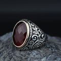 Men Handmade Oval Ruby Stone Ring , Engraved Turkish Red Stone Ring , Ottoman Style Handmade Ring , 925k Sterling Silver Ring , Gift For Him