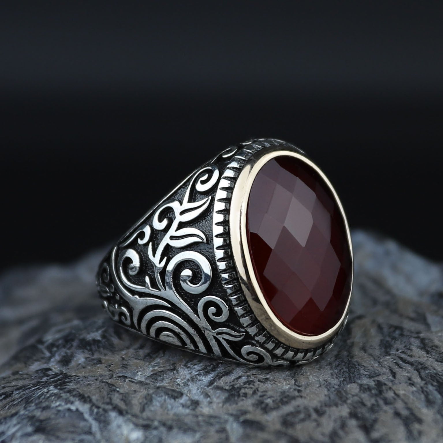 Men Handmade Oval Ruby Stone Ring , Engraved Turkish Red Stone Ring , Ottoman Style Handmade Ring , 925k Sterling Silver Ring , Gift For Him