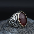 Men Handmade Oval Ruby Stone Ring , Engraved Turkish Red Stone Ring , Ottoman Style Handmade Ring , 925k Sterling Silver Ring , Gift For Him
