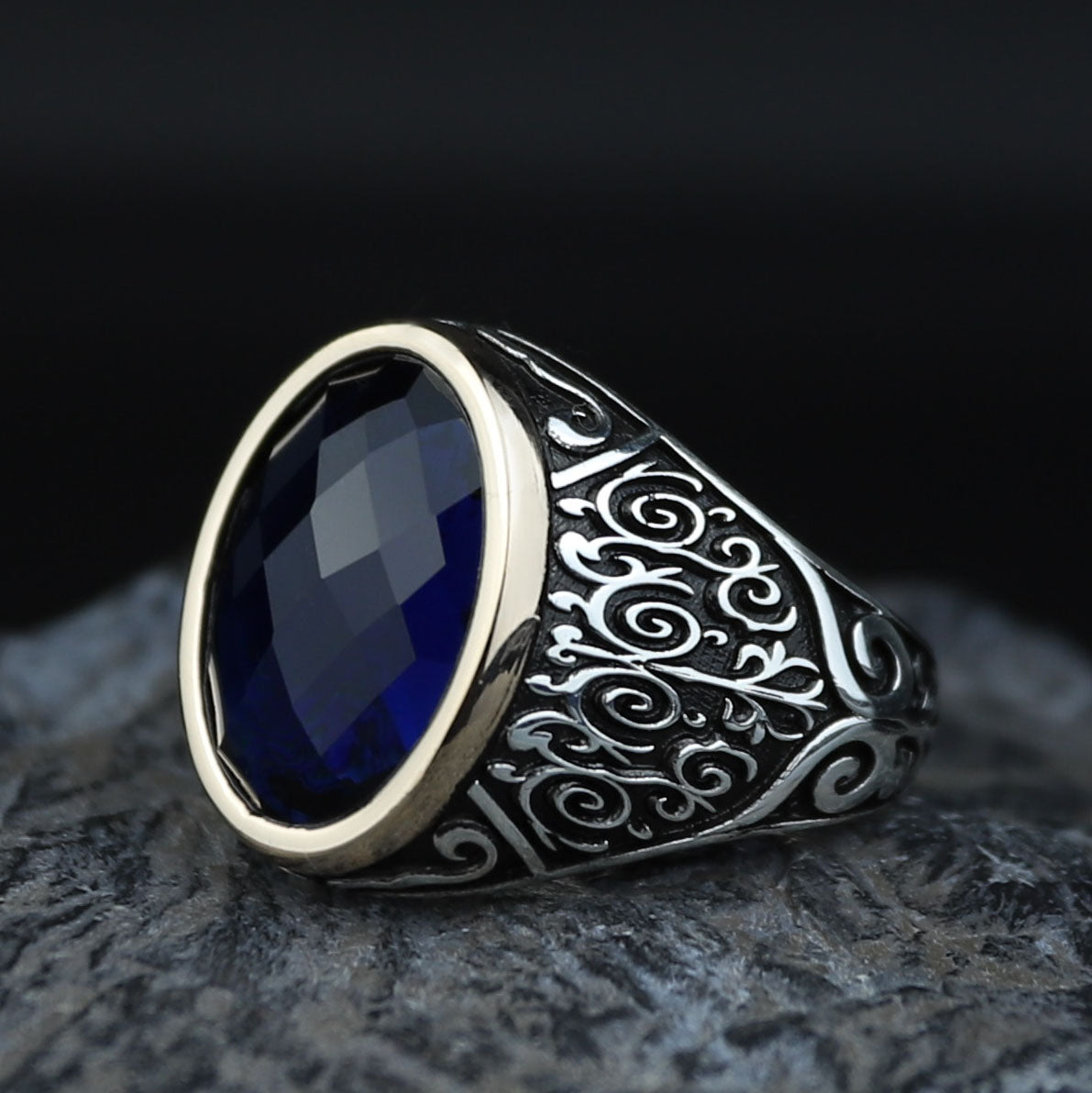 925 Silver Oval Sapphire Ring, Vintage Unisex Sapphire Signet Ring, Engraved Sapphire Ring, Unique Men Gift, Silver Stacking Ring, Men Gift