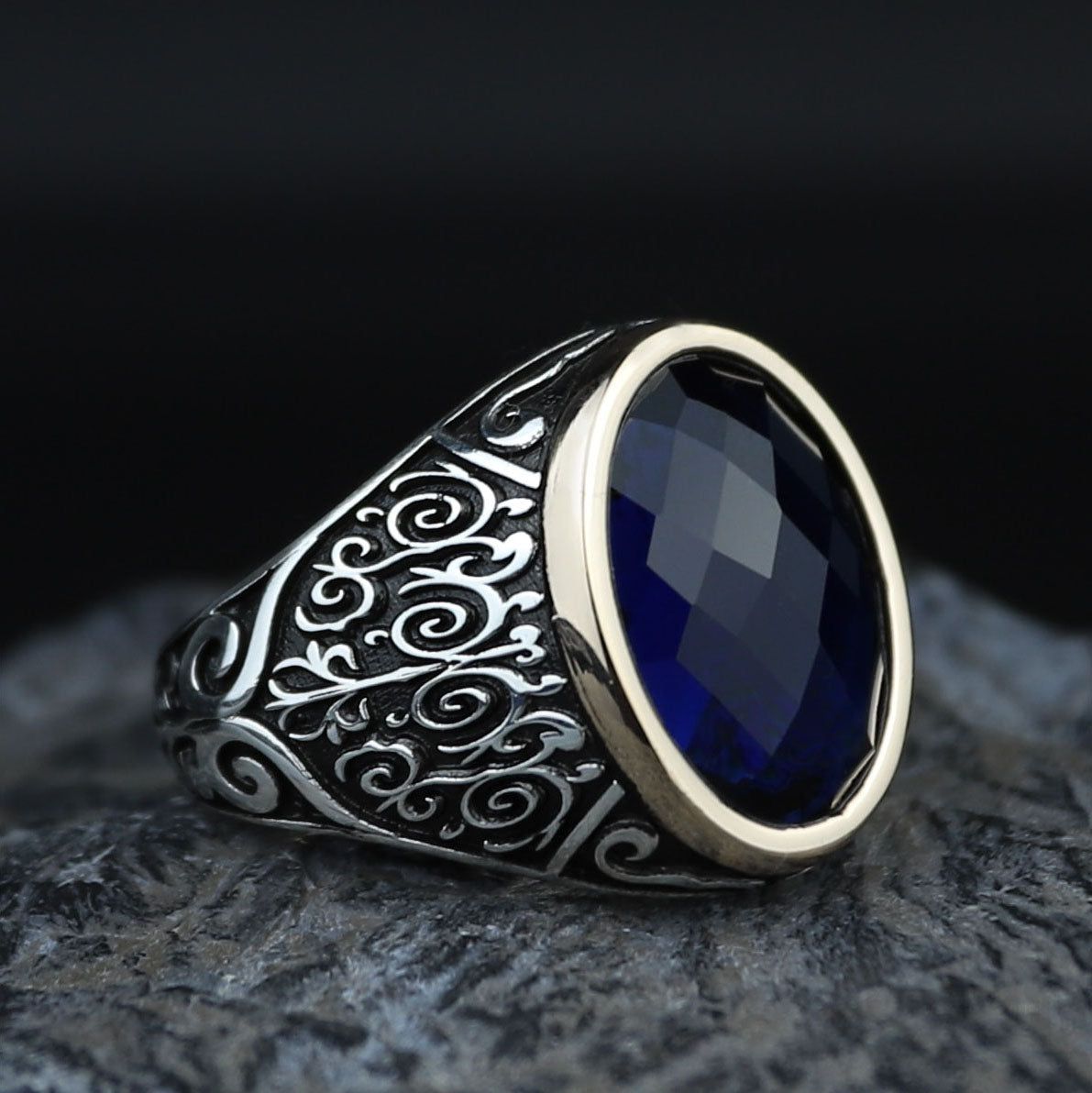 925 Silver Oval Sapphire Ring, Vintage Unisex Sapphire Signet Ring, Engraved Sapphire Ring, Unique Men Gift, Silver Stacking Ring, Men Gift