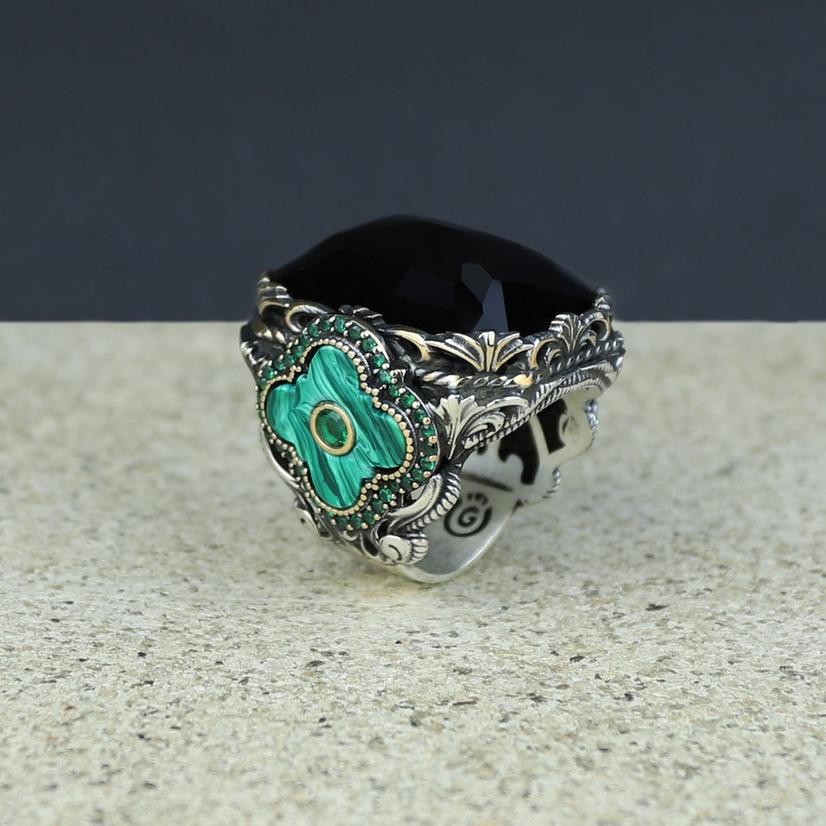 Men Handmade Large Green Emerald Gemstone Silver Ring