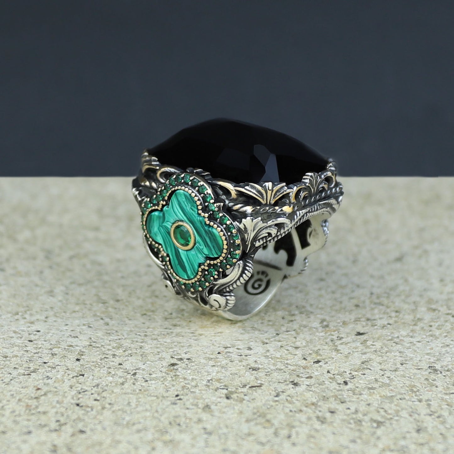 Men Handmade Large Green Emerald Gemstone Silver Ring